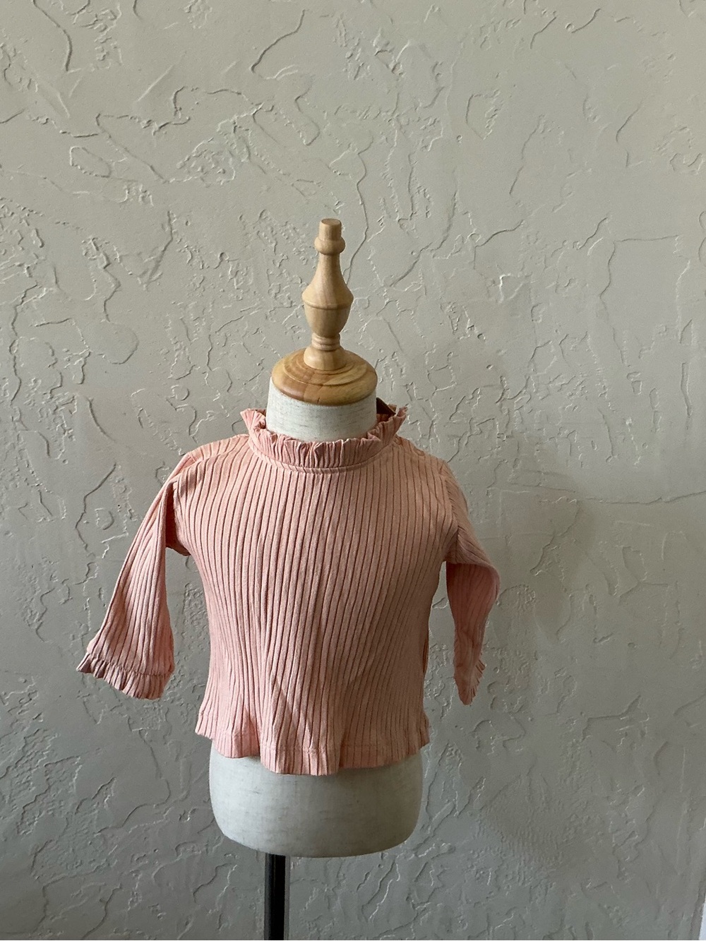 Girls Ribbed Ruffle Mock Neck Top in Peach Pink